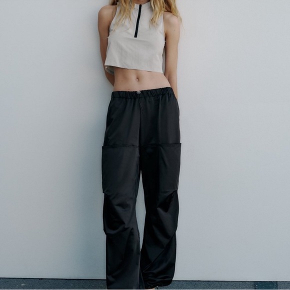 Zara Black Satin Effect Parachute Drawstring Pants - Picture 7 of 15